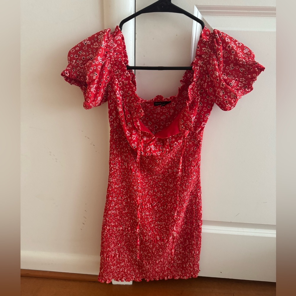 Floral Red Dress with Puff Sleeves